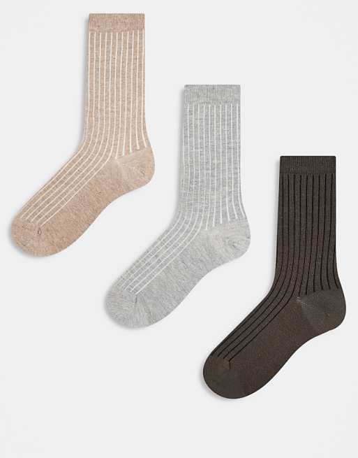 ASOS DESIGN pack of 3 soft ribbed socks in chocolate brown oatmeal and grey marl