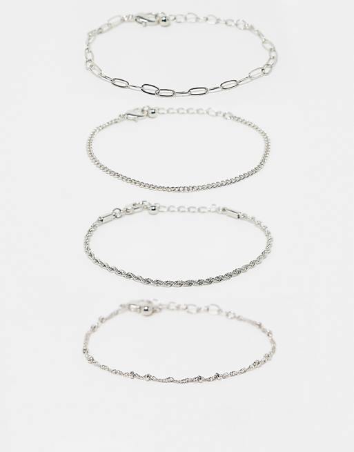 ASOS DESIGN pack of 4 fine chain bracelets in silver tone