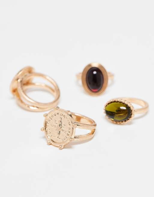 ASOS DESIGN Pack Of 4 Rings In Vintage-style With Colour Stone Sets In Gold Tone