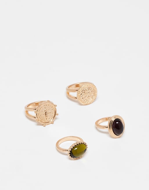 ASOS DESIGN pack of 4 rings in vintage-style with colour stone sets in gold tone