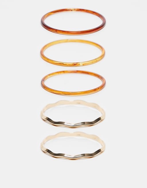 ASOS DESIGN pack of 5 bangle bracelets with tort and metal mix detail in multi