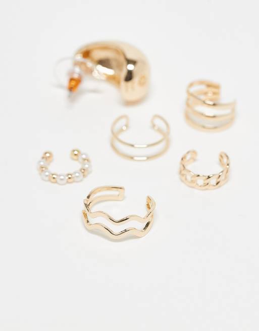ASOS DESIGN Pack Of 5 Ear Cuffs With Single Hoop In Gold Tone