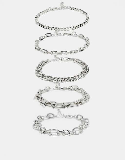 ASOS DESIGN pack of 5 mixed fine chain bracelets in silver tone