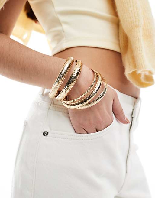 ASOS DESIGN pack of 6 bracelets in mixed hammered design in gold tone