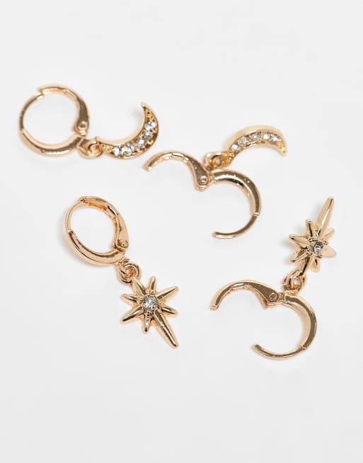 ASOS DESIGN Pack Of Two Huggie Hoop Earrings With Celestial Charms In Gold Tone