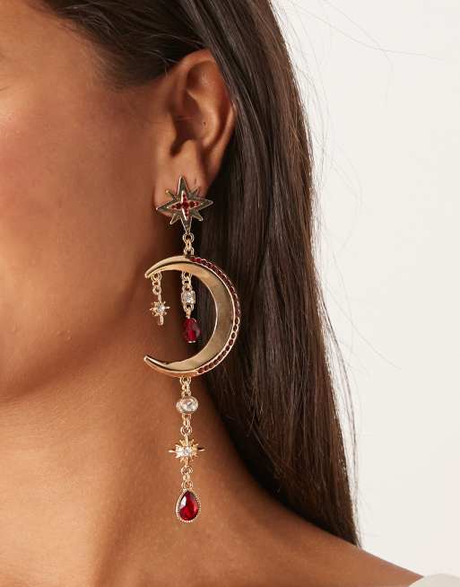 ASOS DESIGN Pendant Earrings With Detailed Moon And Stars In Gold Tone