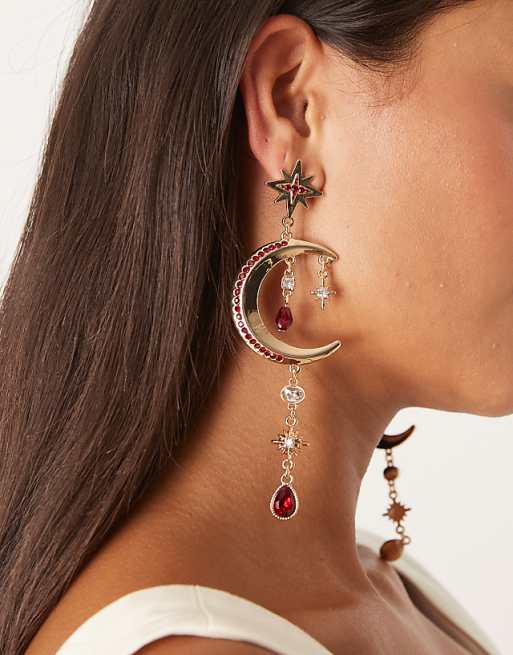 ASOS DESIGN pendant earrings with detailed moon and stars in gold tone