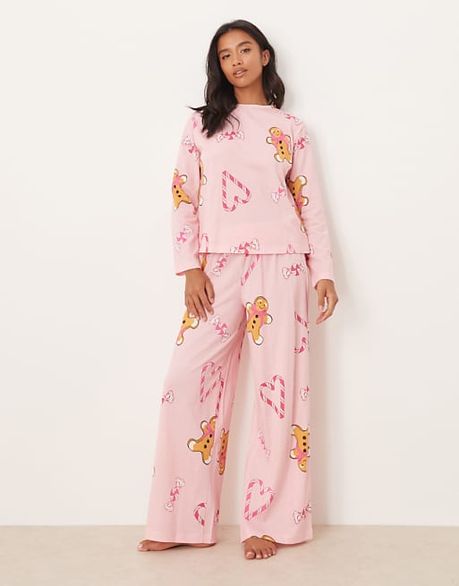 ASOS DESIGN Petite Gingerbread & Candy Cane Long Sleeve Top & Trouser Pyjama Set In Pink Marl