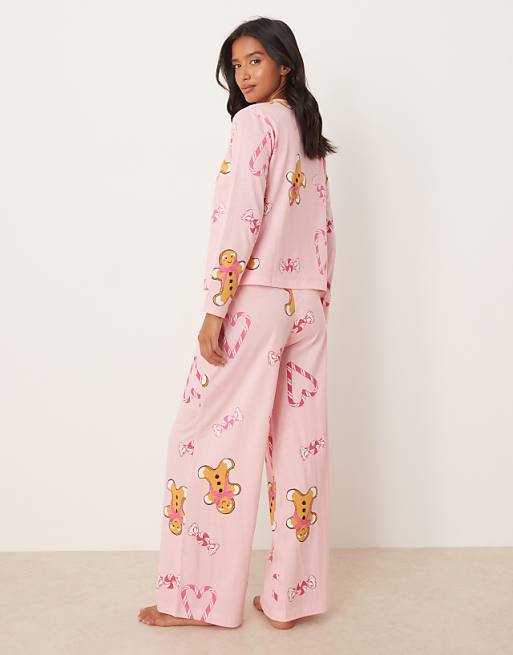 ASOS DESIGN Petite Gingerbread & Candy Cane Long Sleeve Top & Trouser Pyjama Set In Pink Marl