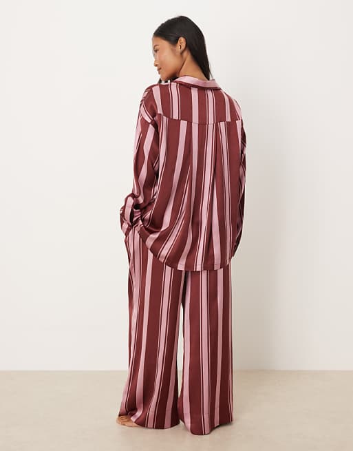 ASOS DESIGN Petite Oversized Satin Stripe Shirt And Trouser Pyjama Set In Burgundy Stripe