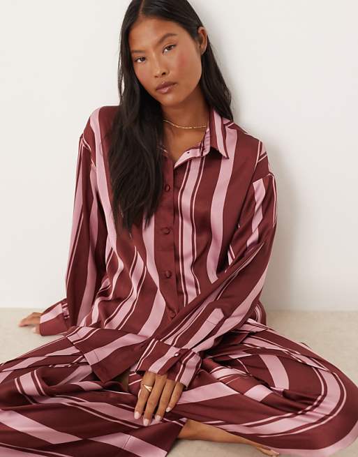 ASOS DESIGN Petite Oversized Satin Stripe Shirt And Trouser Pyjama Set In Burgundy Stripe