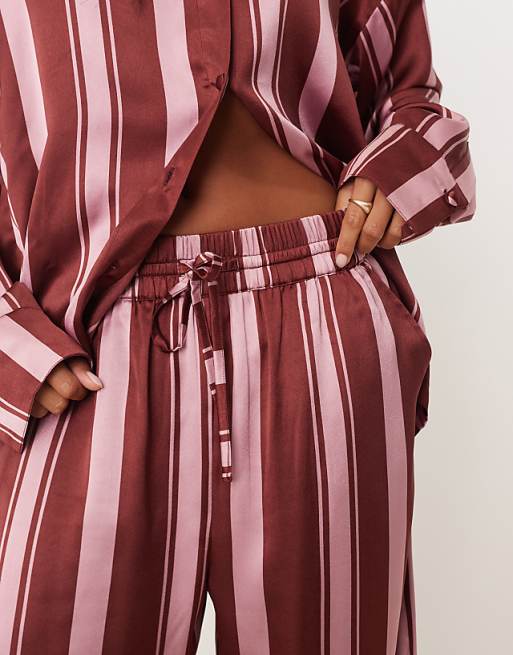 ASOS DESIGN Petite Oversized Satin Stripe Shirt And Trouser Pyjama Set In Burgundy Stripe
