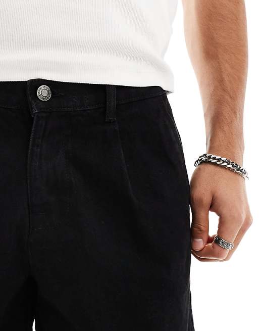 ASOS DESIGN Pleated Mid Length Denim Shorts In Black