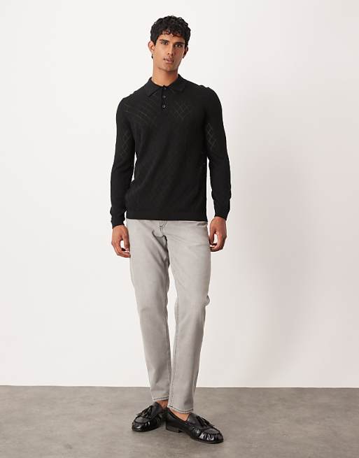 ASOS DESIGN Pointelle Knitted Pattern Polo In Black