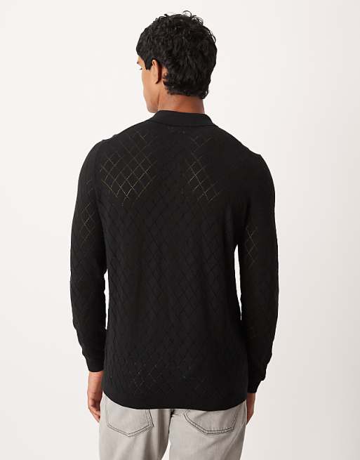 ASOS DESIGN Pointelle Knitted Pattern Polo In Black