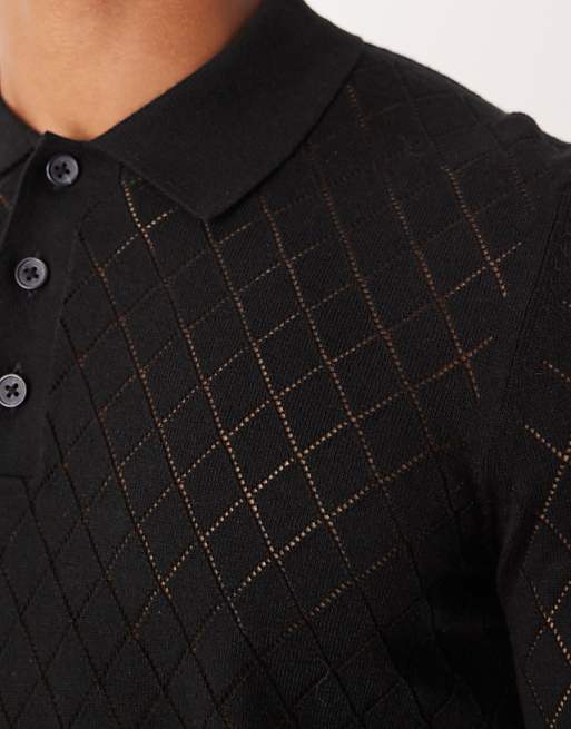 ASOS DESIGN Pointelle Knitted Pattern Polo In Black