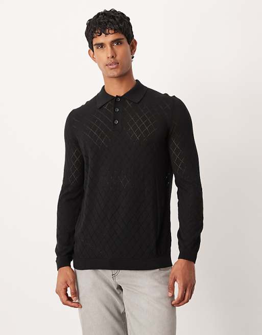 ASOS DESIGN pointelle knitted pattern polo in black