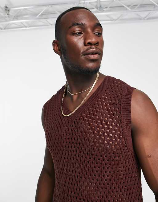 ASOS DESIGN Pointelle V-neck Tank In Brown