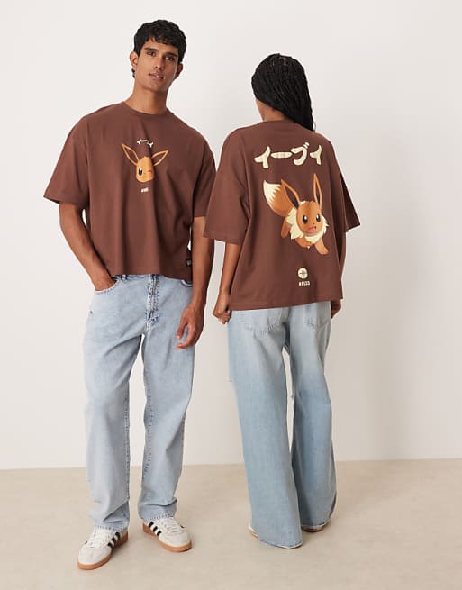 ASOS DESIGN Pokemon Unisex Boxy Oversized T-shirt With Eevee Print In Brown