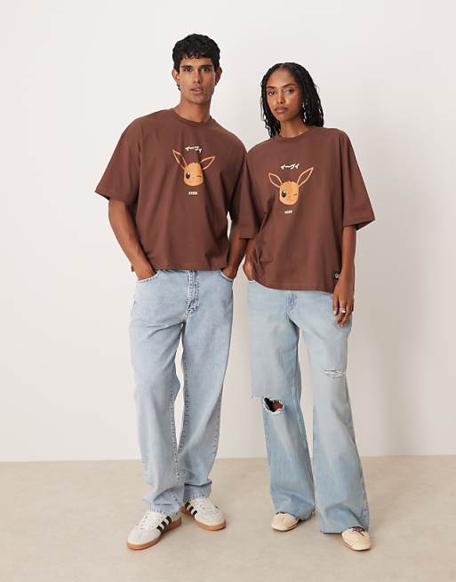 ASOS DESIGN Pokemon Unisex Boxy Oversized T-shirt With Eevee Print In Brown