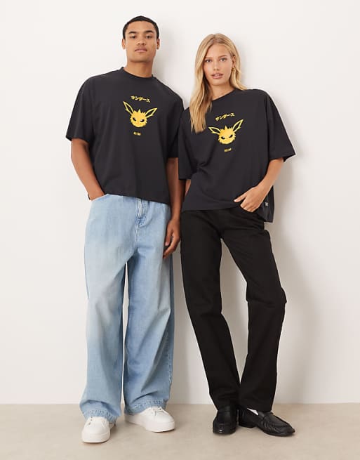 ASOS DESIGN Pokemon Unisex Boxy Oversized T-shirt With Jolteon Print In Washed Black