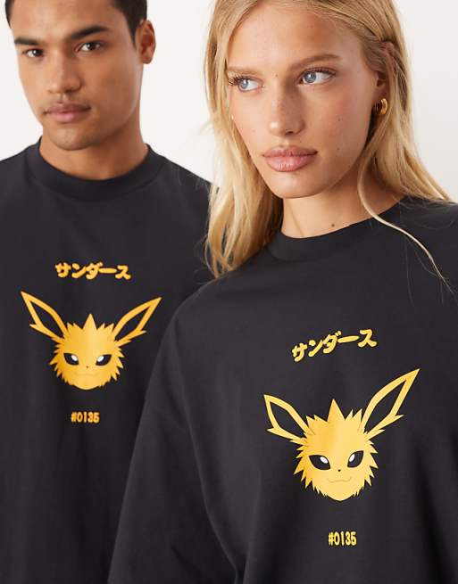 ASOS DESIGN Pokemon Unisex Boxy Oversized T-shirt With Jolteon Print In Washed Black