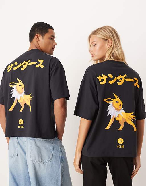ASOS DESIGN Pokemon Unisex Boxy Oversized T-shirt With Jolteon Print In Washed Black