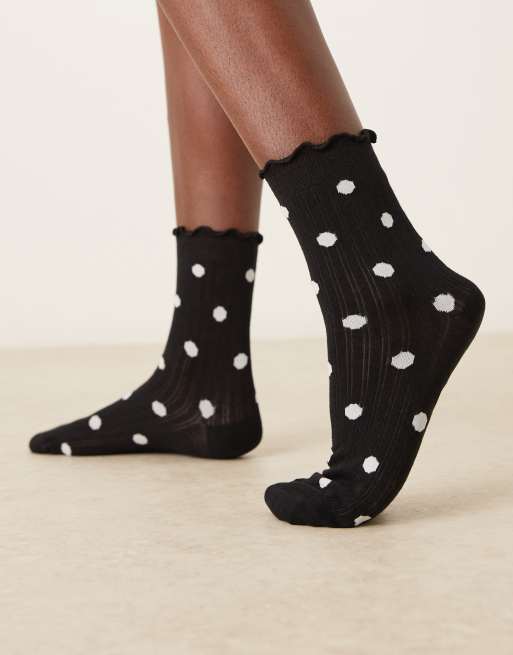 ASOS DESIGN Polka Dot Socks With Frill Trim In Black And White