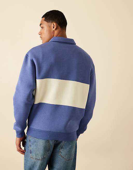 ASOS DESIGN Polo Sweatshirt With Contrast Panel And Print In Blue