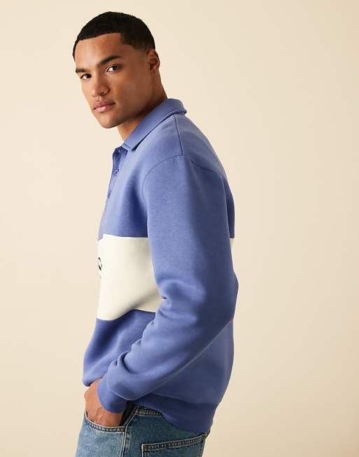 ASOS DESIGN Polo Sweatshirt With Contrast Panel And Print In Blue