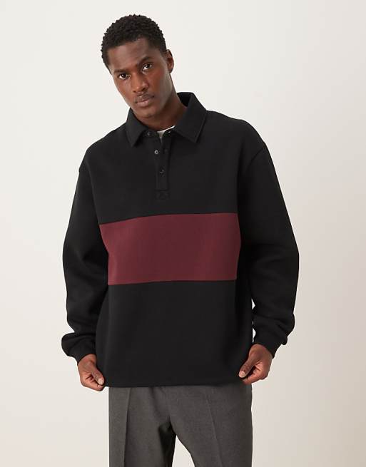 ASOS DESIGN polo sweatshirt with contrast panels in black