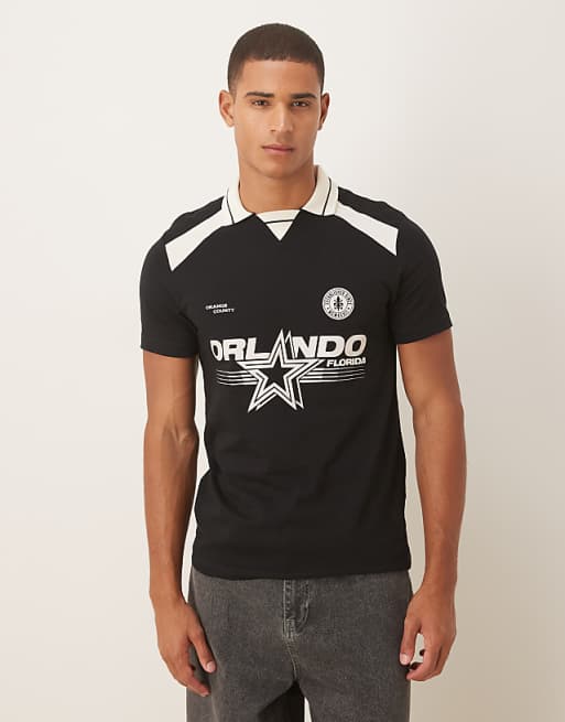 ASOS DESIGN polo with city graphic in black