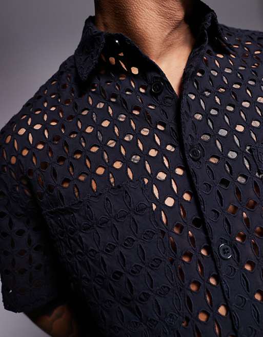 ASOS DESIGN Premium Boxy Oversized Broderie Shirt In Black