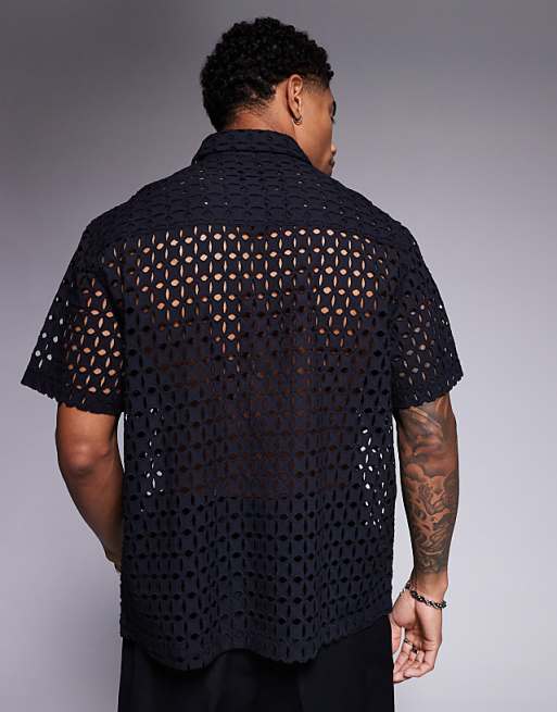 ASOS DESIGN Premium Boxy Oversized Broderie Shirt In Black