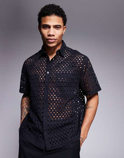 ASOS DESIGN premium boxy oversized broderie shirt in black