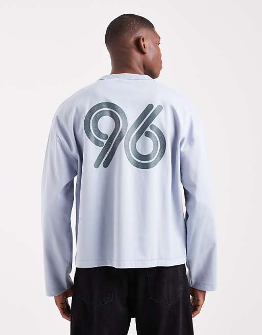 ASOS DESIGN premium heavyweight 330gsm boxy oversized long sleeve t-shirt with number graphic in light blue