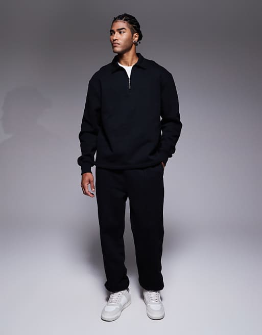 ASOS DESIGN Premium Heavyweight Co-ord Oversized Collared Quarter Zip Sweatshirt In Black