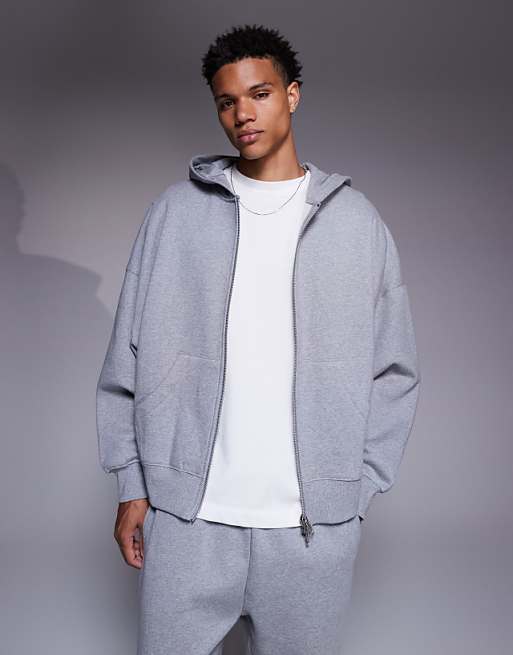 ASOS DESIGN premium heavyweight extreme oversized zip through hoodie in 400gsm grey marl