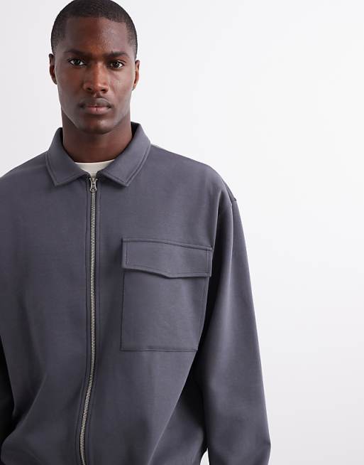 ASOS DESIGN Premium Heavyweight Oversized Zip Through Jersey Shacket In 400gsms In Charcoal