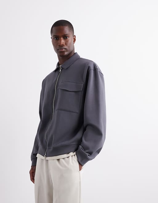 ASOS DESIGN premium heavyweight oversized zip through jersey shacket in 400gsms in charcoal