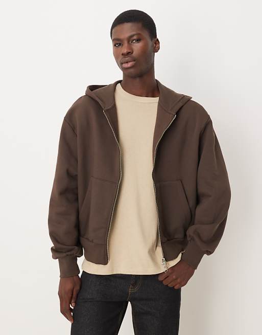 ASOS DESIGN premium heavyweight ovesized boxy zip through hoodie in 400gsms in brown