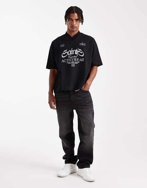 ASOS DESIGN Premium Interlock Boxy Oversized T-shirt With V Neck And Sports Graphic In Black