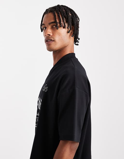 ASOS DESIGN Premium Interlock Boxy Oversized T-shirt With V Neck And Sports Graphic In Black