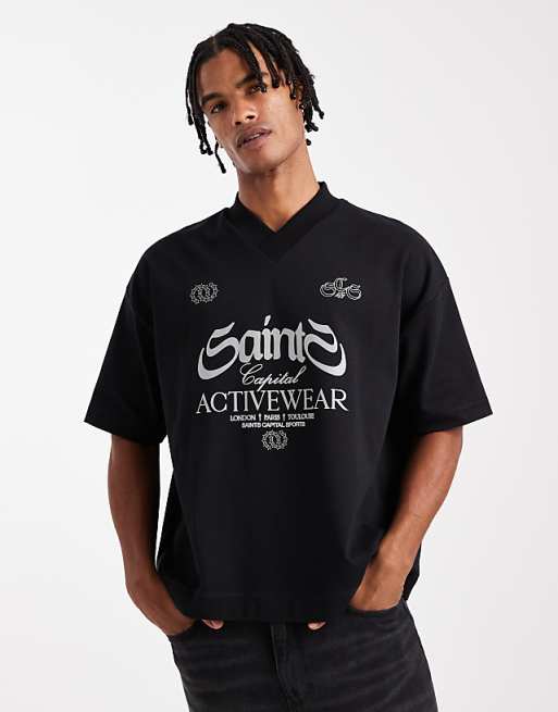 ASOS DESIGN premium interlock boxy oversized t-shirt with v neck and sports graphic in black