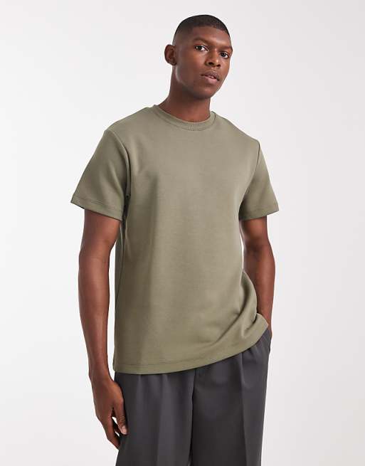 ASOS DESIGN premium interlock crew neck t-shirt in khaki