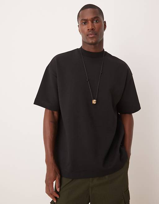ASOS DESIGN premium interlock oversized dropped shoulder high neck t-shirt in black
