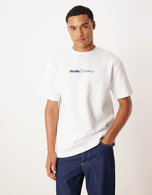 ASOS DESIGN Premium Interlock Relaxed T-shirt With City Graphic In White