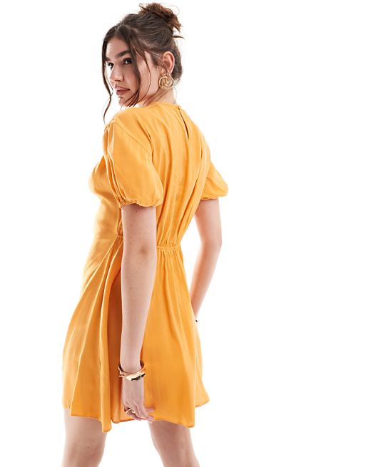 ASOS DESIGN Puff Sleeve Mini Smock Dress With Ruching Detail In Copper
