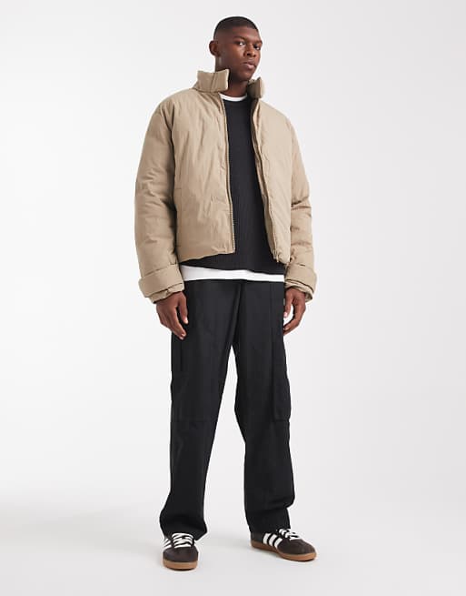 ASOS DESIGN Puffer Jacket With Funnel Neck In Stone