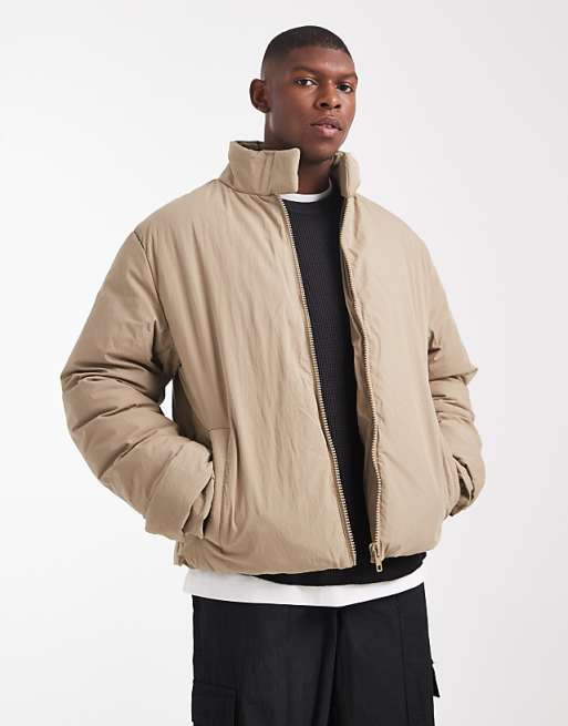 ASOS DESIGN puffer jacket with funnel neck in stone
